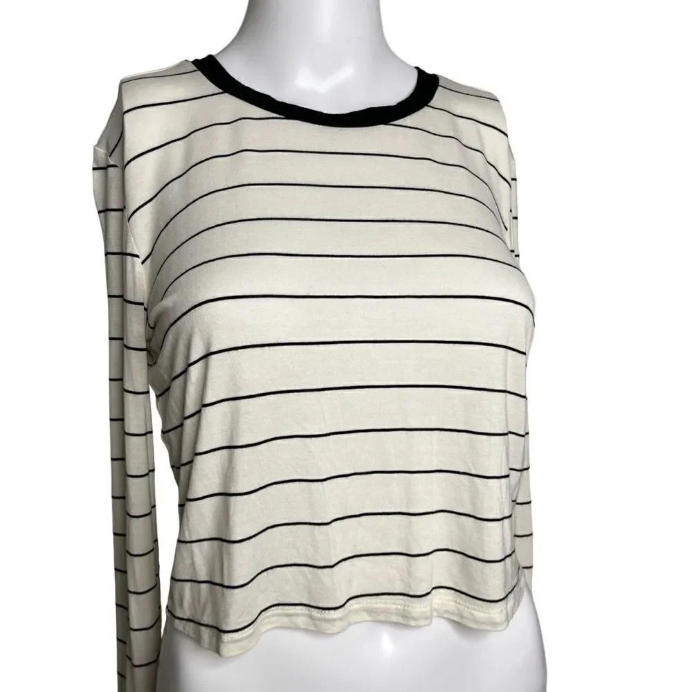 Forever 21 Horizontal Striped Long Sleeve Top Cream and Black Size Small